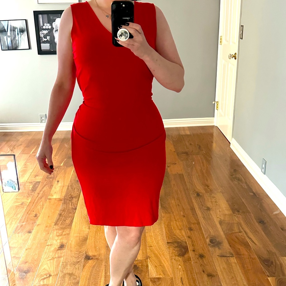 Curve hugging red Ralph Lauren dress
